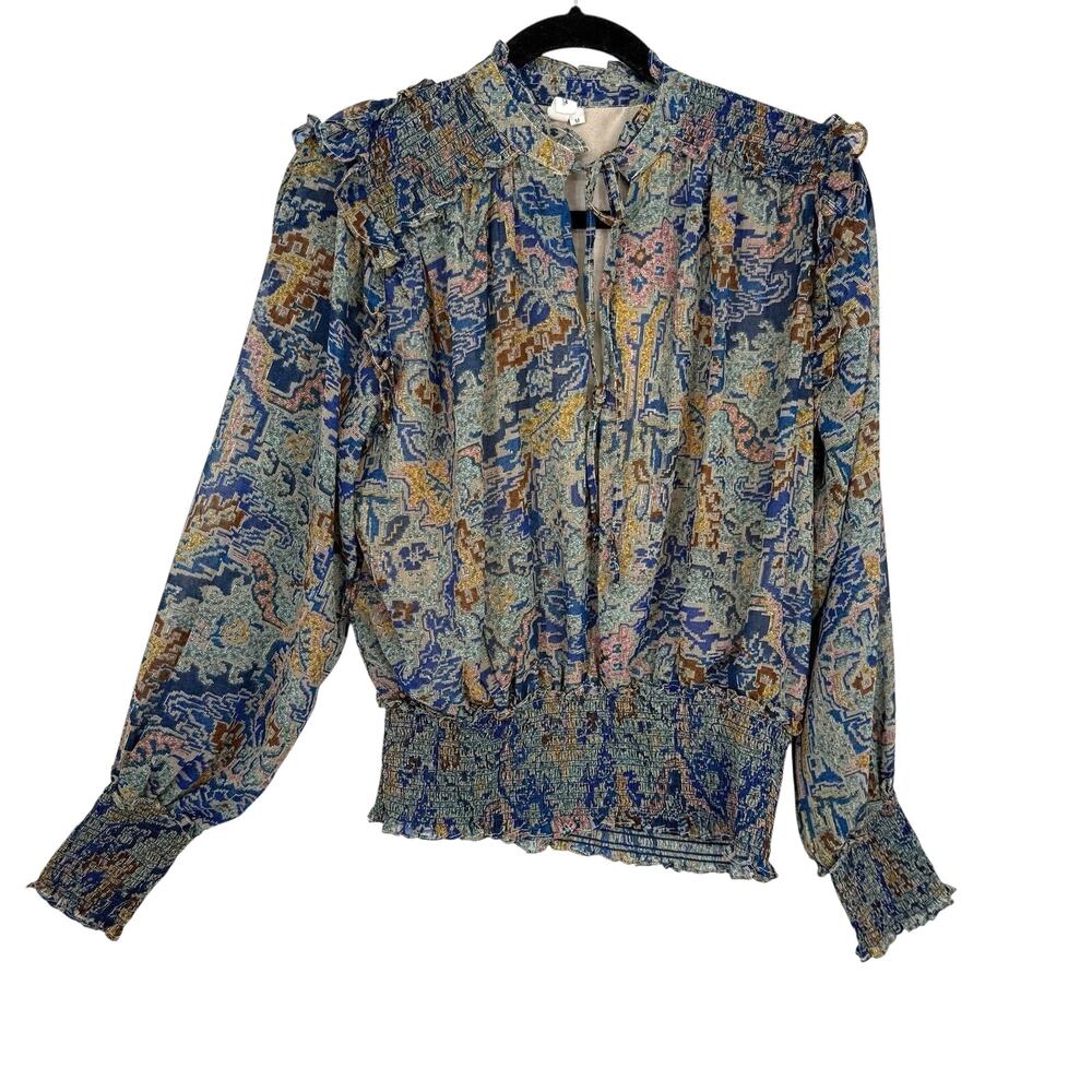 Elan Smocked Waist Ruffle tie neck Top size Medium Dark Floral Chiffon Long Slv